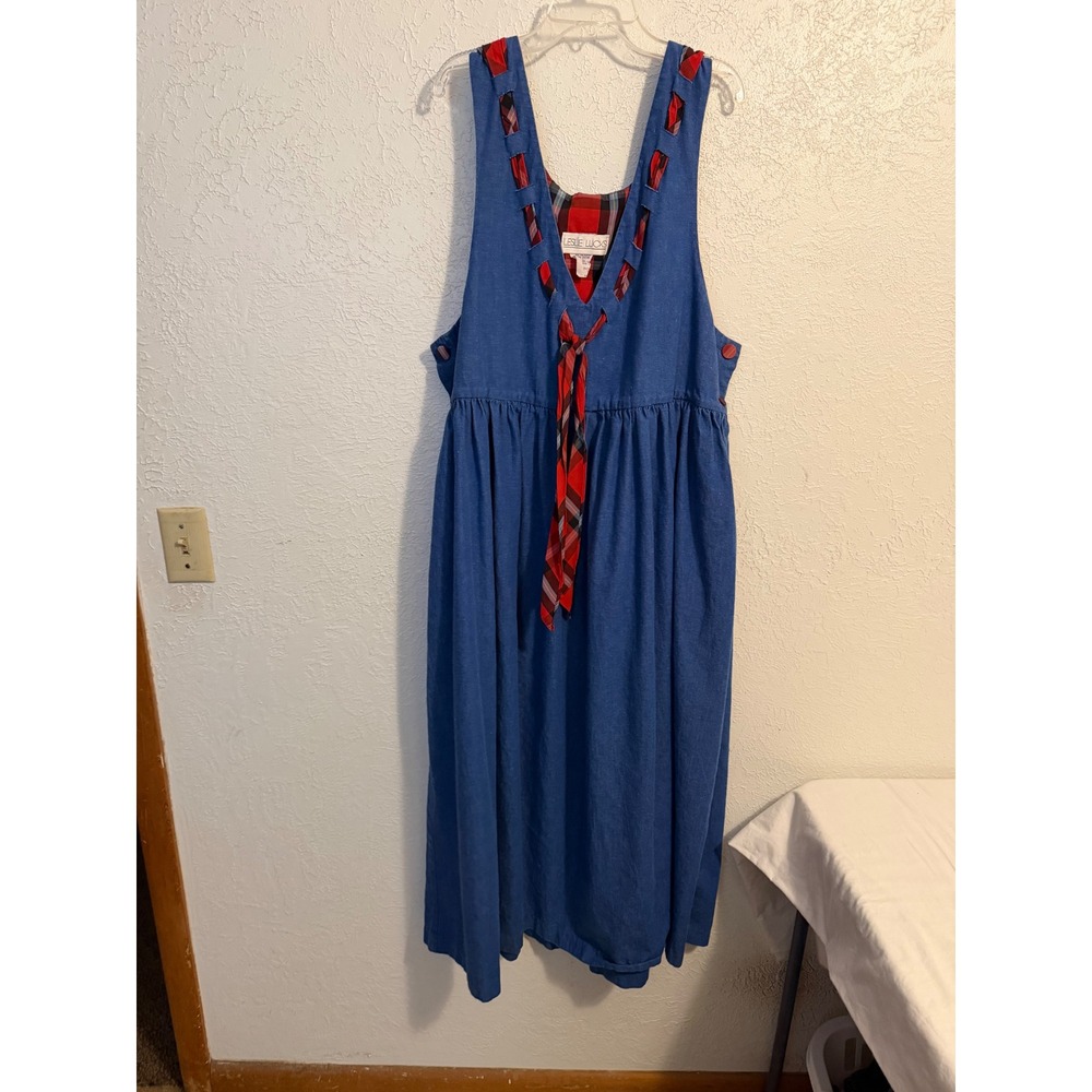 Leslie Lucks Vintage Denim Jumper Dress Size 16 USA Made Country Teacher